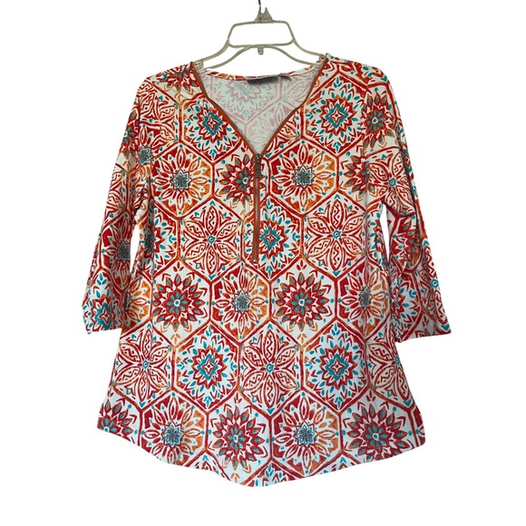 Belle Kim Gravel‎ Floral Print 3/4 Sleeve Zip Up Tunic Top Blouse Size 8 - Picture 1 of 6